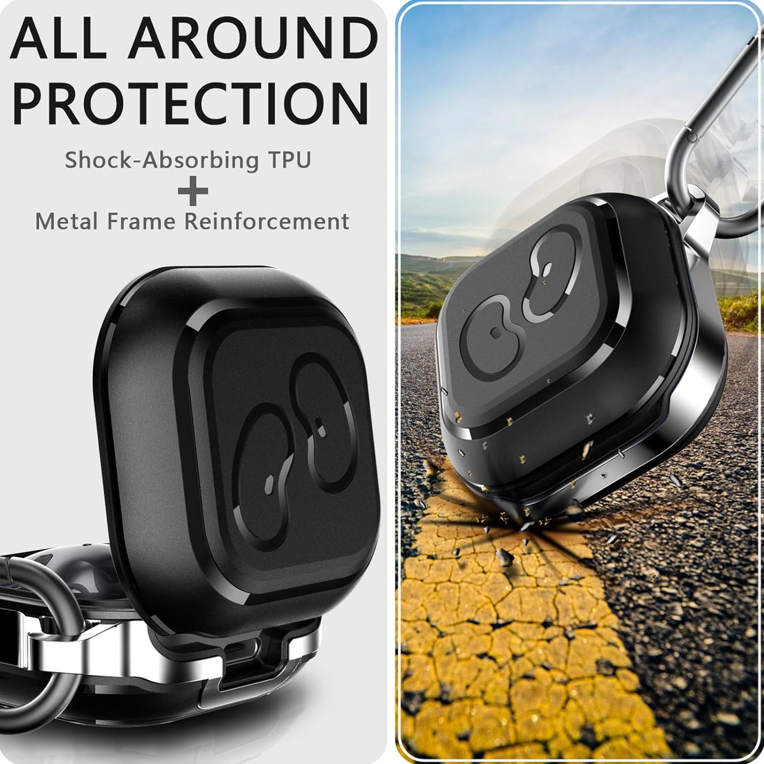 TPU Metal Case for Galaxy Buds FE/2 Pro/Live – Black with Keychain Clip