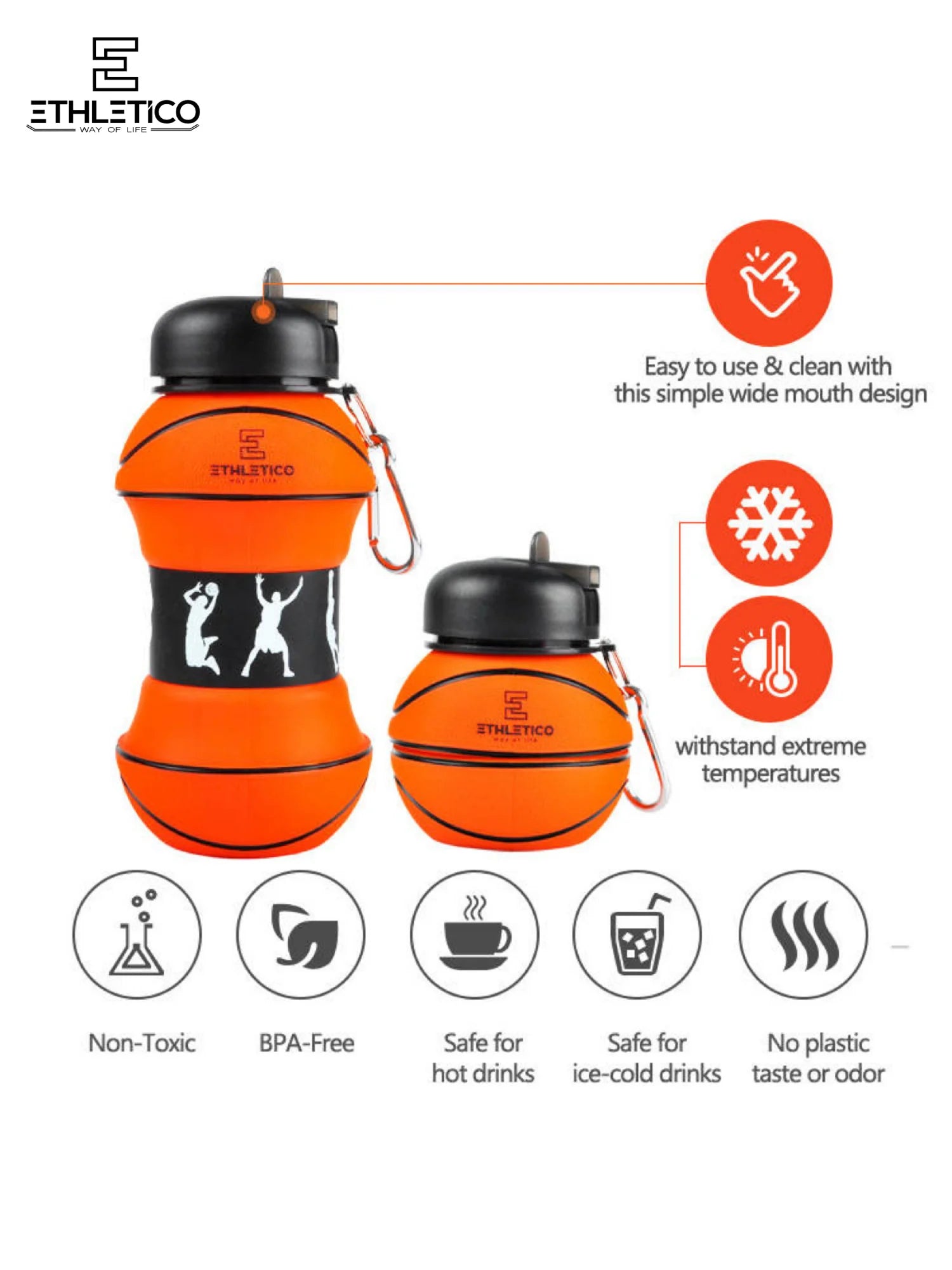 Basketball Silicone Collapsible Water Bottle for Kids, 19oz Leakproof