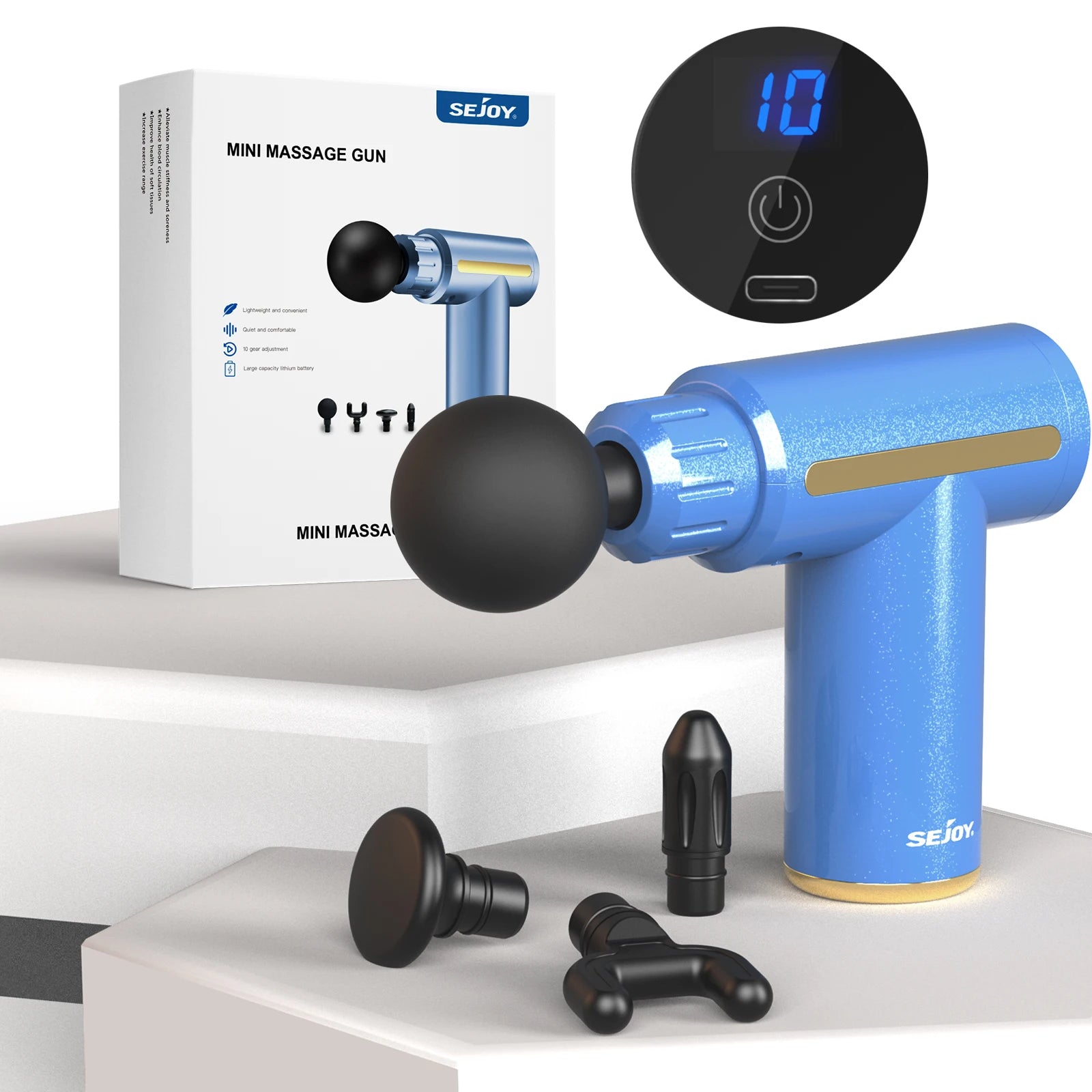 Portable Fascia Massage Gun – LED Touch, 4 Heads, USB Rechargeable