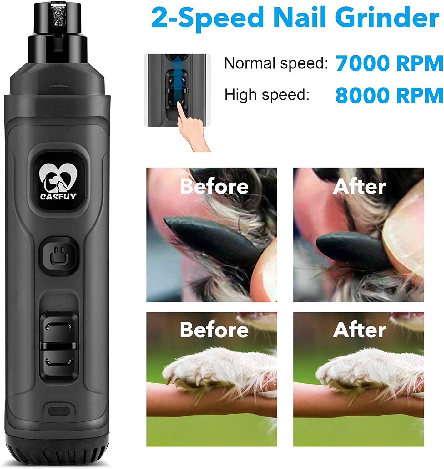Dog Nail Grinder with LED Lights – Quiet 2-Speed Trimmer
